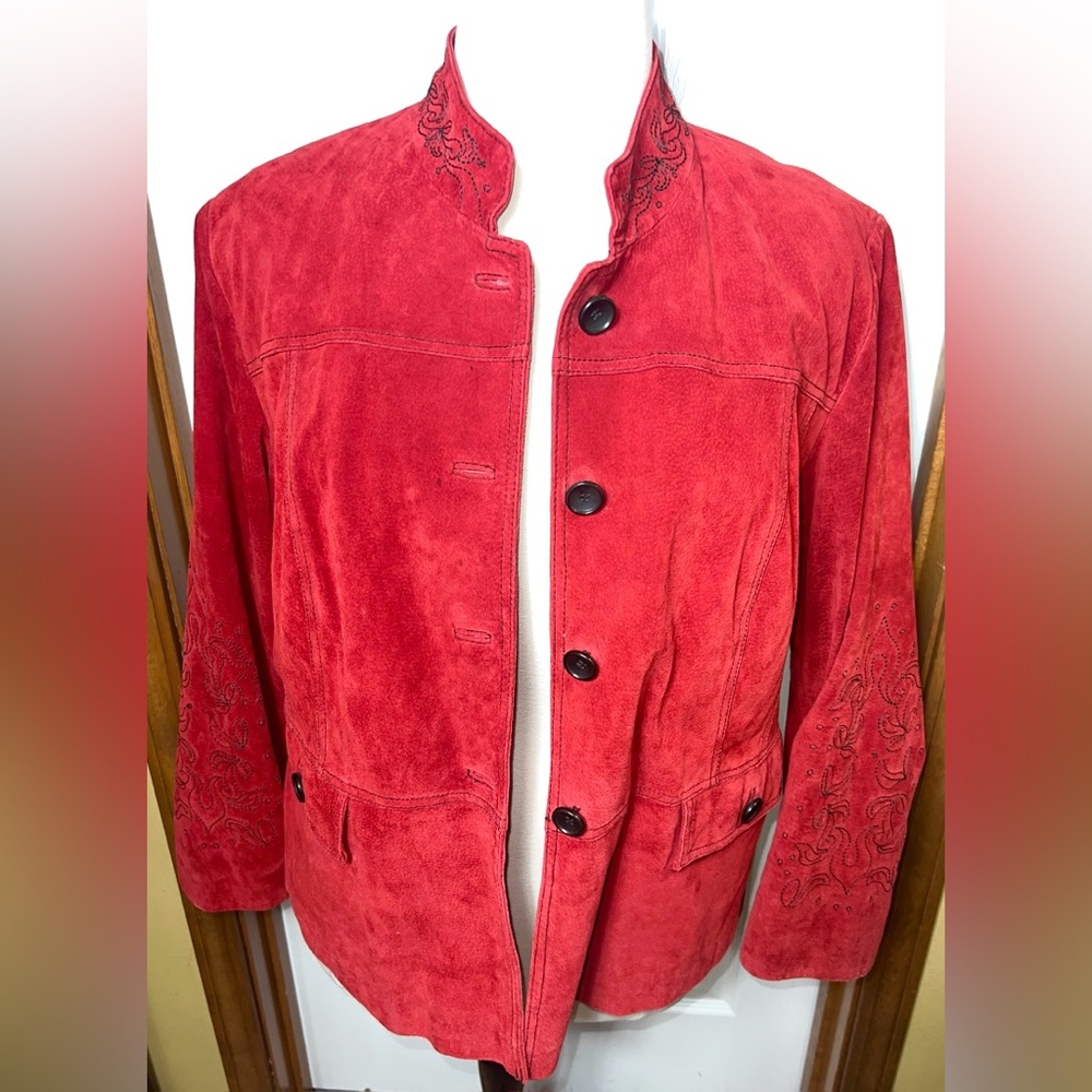 Pamela McCoy Suede Genuine Leather Jacket Shacket Embroidered Red Women's 2X